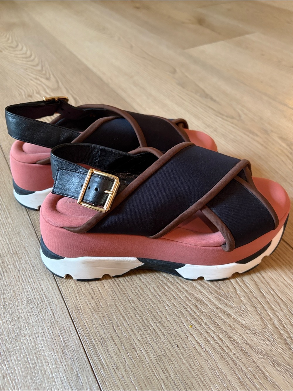 Marni Black and Coral Platform Slingback Sandal with Gold Buckle